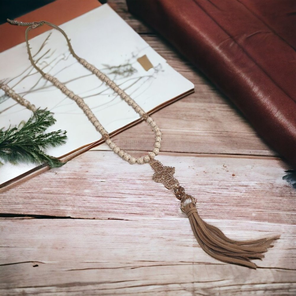 Leather Tassel Cross Women Necklace Jewelry 30 Inch Length Gem Costume Fashion